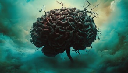 A dark and twisted brain floats in a stormy sky, symbolizing the complexity and potential darkness of the human mind.