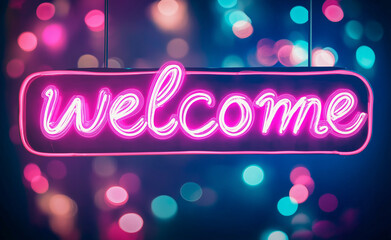 A glowing neon "Welcome" sign in pink, creating a warm and inviting ambiance with soft lights in the background.