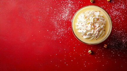 Golden eggnog with whipped topping, isolated on a vintage red background with tiny holiday bells