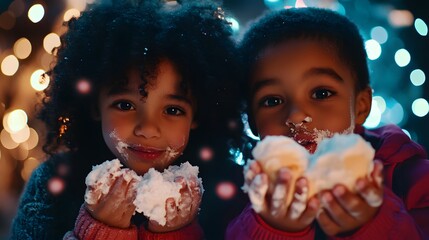 Winter Wonderland: Two adorable siblings playfully share snowy delights, faces dusted with sweet frosting. Magical!