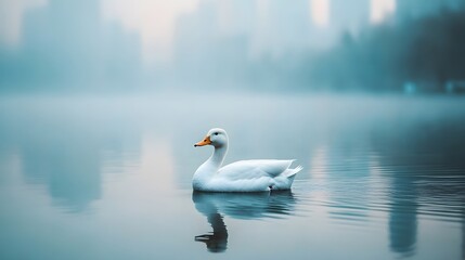 Obraz premium A pristine white duck glides serenely across a misty lake, its reflection mirroring the tranquil scene. A perfect moment of peace.