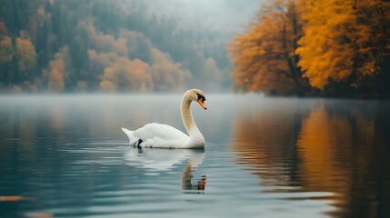 Majestic swan glides serenely across a tranquil lake, reflected in the calm autumnal waters. Golden foliage frames the scene.