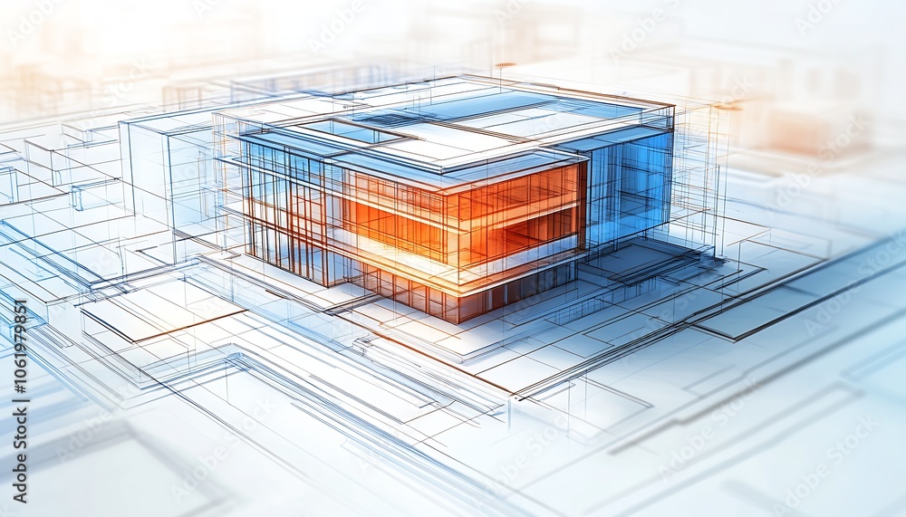 Poster Contemporary Architectural Building Design Blueprint with Technical Drawing Elements : Generative AI