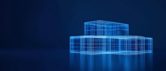 Fototapeta premium A digital representation of transparent, blue-tinged cubes, suggesting advanced technology and dimensional depth against a dark background.