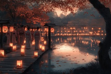 Celebrating the vibrant colors of traditional japanese autumn festival with people in yukatas by a serene lantern-lit lake