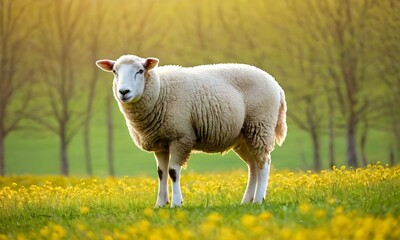 close up portrait of a sheep standing in a flowering meadow at dawn, with warm light creating a serene and picturesque landscape