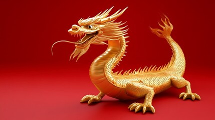 Fototapeta premium Golden Dragon Minimalist Design on Red Background