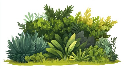 Fototapeta premium Lush green foliage with various plants and leaves, showcasing a vibrant and dense botanical scene.