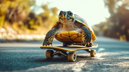 A turtle skateboarding on a sunny road with a blurred background.