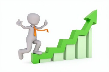 3d man red arrow success chart on white background.