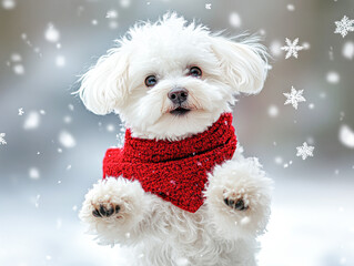 A white dog wearing a red scarf is standing in the snow