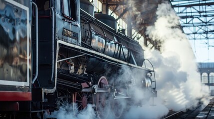 Steam train departs from Riga railway station, Moscow.with the railway station in the background