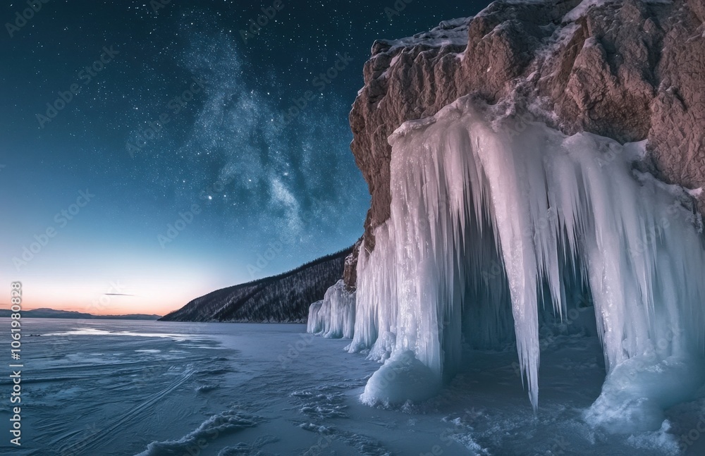 Poster a large rock formation on the shore of a frozen lake with huge ice formations hanging from it, at ni