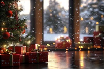 Christmas Scene with Decorated Tree and Gifts Near Large Window in Snowy Setting : Generative AI