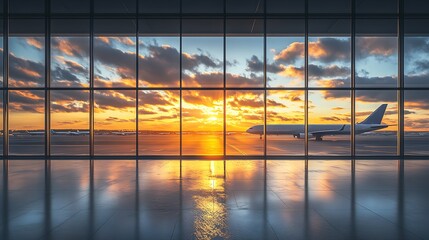 Fototapeta premium Modern Airport with Majestic Sunset Silhouette and Aircraft Ready for Departure : Generative AI