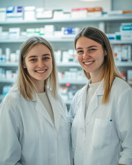 Fototapeta premium Two young female pharmacists looking at camera