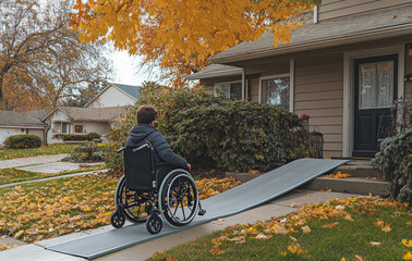 Young man using wheelchair ramp entering home in autumn with Copyspace