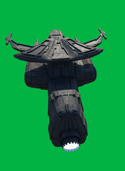 Alien Space Ship on Green Screen Background - Back View, 3d digitally rendered science fiction illustration