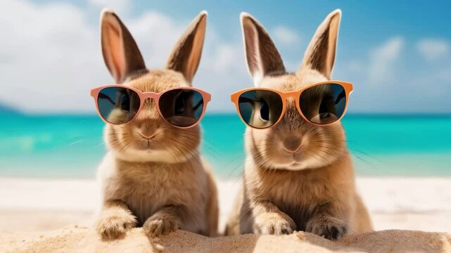 Two brown rabbits relaxing on a sunny beach near the ocean, wearing stylish sunglasses and enjoying the warm summer day