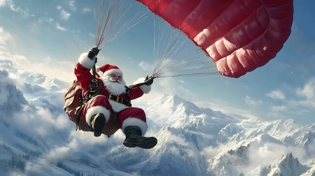 Santa Claus skydives with a red parachute over snowy mountains. A thrilling Christmas adventure!
