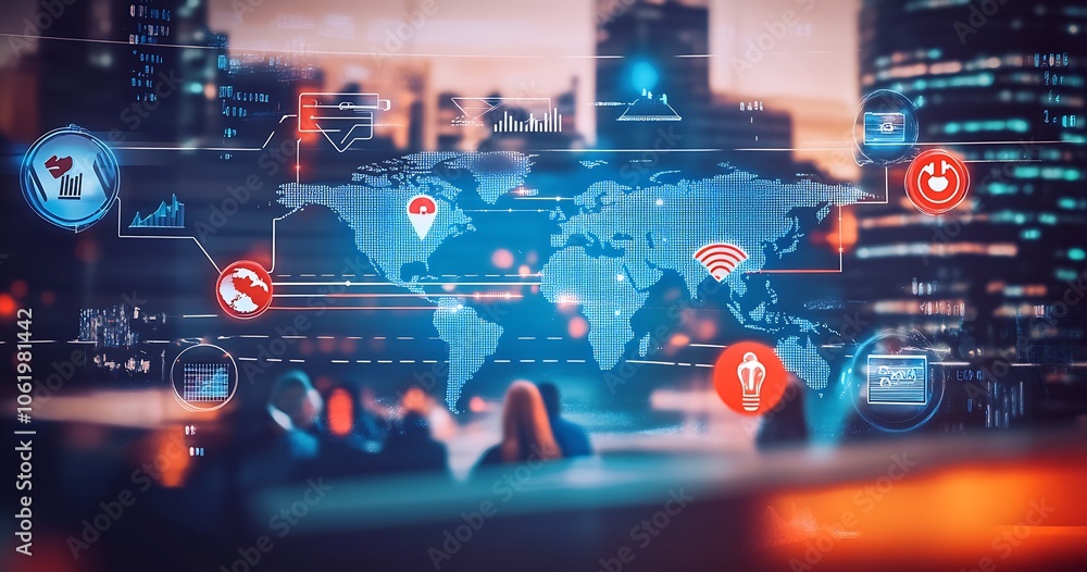 Poster Global Technology Connections Across World Map with Icons Representing Data Flow and Connectivity : Generative AI
