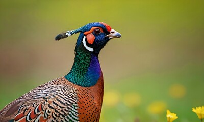 Portrait of common pheasant (Phasianus colchicus) on grass,