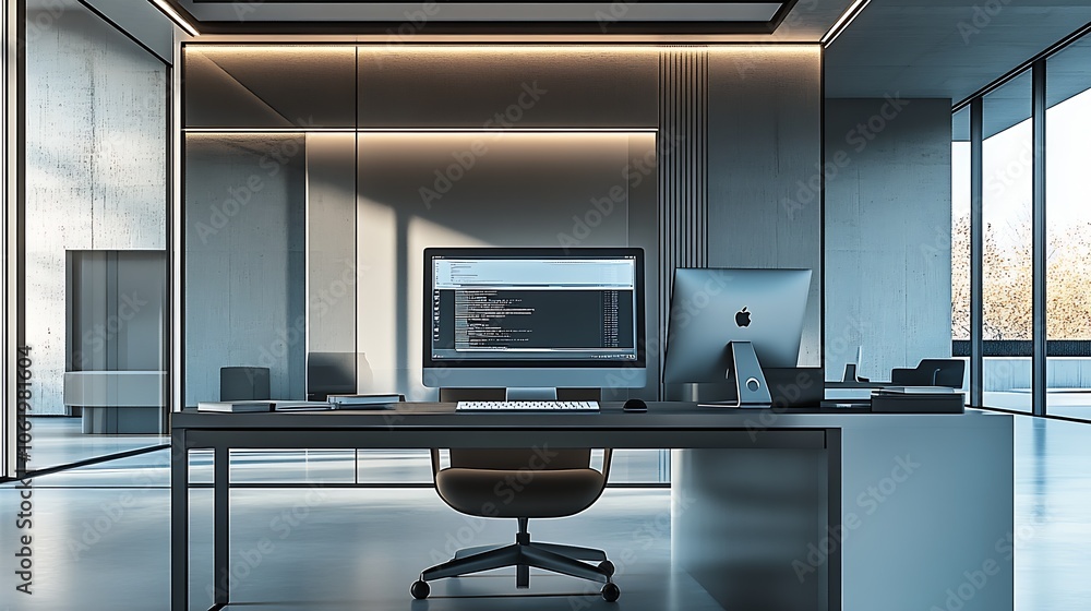 Aufkleber Elegant Modern Office Setup with Large Monitor and Natural Light for Professional Work Environment : Generative AI
