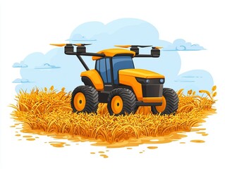 Modern agricultural tractor with drone in a field of wheat, white background.