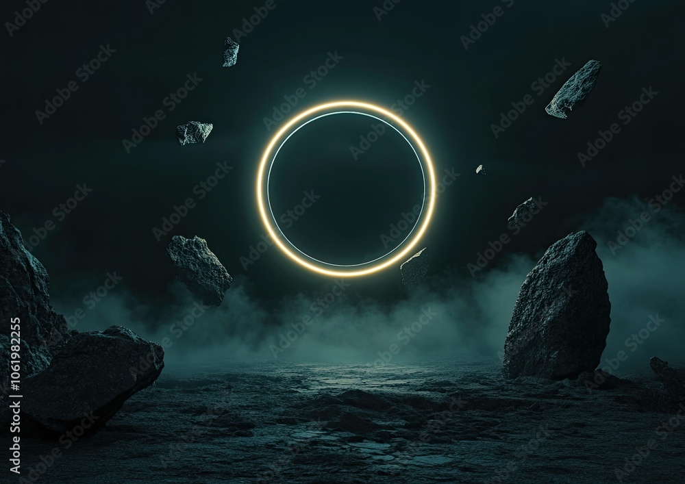 Poster futuristic background. abstract background with neon light and glowing elements in a dark space, a r