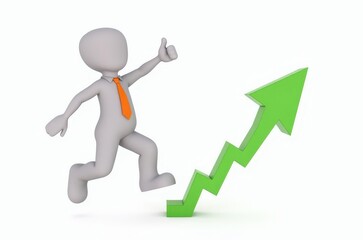 3d man red arrow success chart on white background.