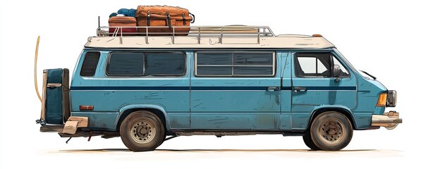 Vintage blue camper van with luggage on roof, white background.