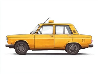 Fototapeta premium Yellow taxi cab, side view, white background.