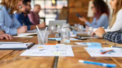 Reunión de equipo en oficina moderna discutiendo estrategias de negocio