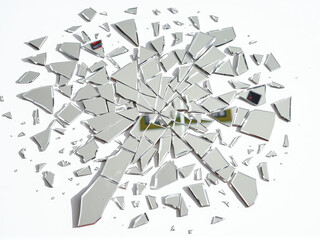 fractured mirror is positioned on a white surface, showcasing a chaotic arrangement of reflective shards