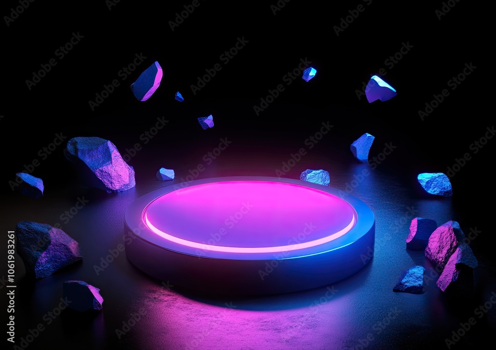 Poster futuristic background. abstract background with neon light and glowing elements in a dark space, a r