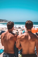 Fototapeta premium Two shirtless individuals enjoying a beach day, overlooking the ocean and sandy shore.