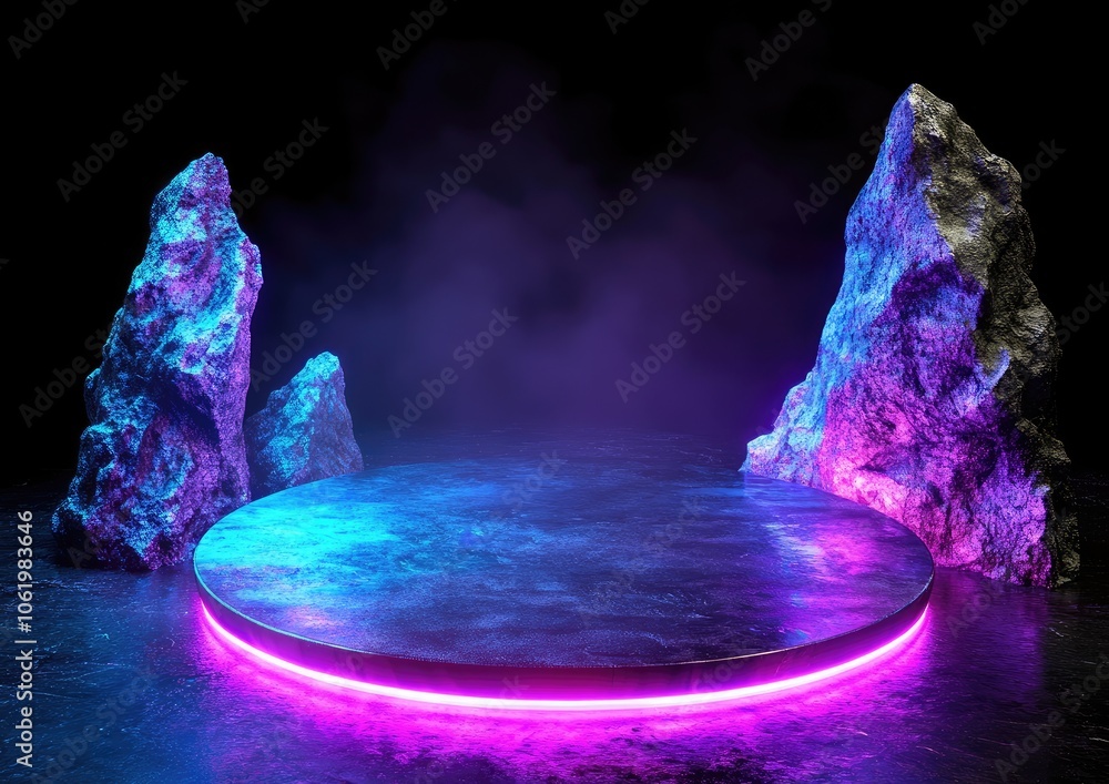 Poster futuristic background. abstract background with neon light and glowing elements in a dark space, a r