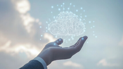A digital network visualization hovers over an open hand against a cloudy sky, symbolizing technology and innovation.