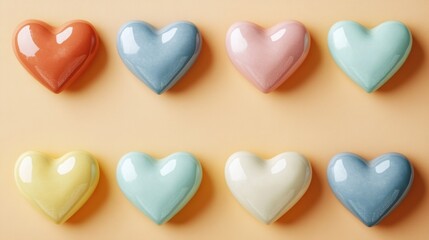 Fototapeta premium Colorful Heart Shaped Ceramic Objects on Orange Background