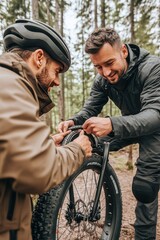 Fototapeta premium Two men repairing a bicycle tire in a forest setting.
