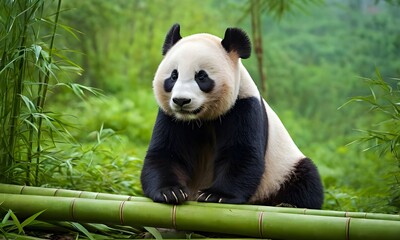 Portrait of a cute panda. Close-up of a panda relaxing against a blooming jungle backdrop