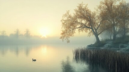 Obraz premium Tranquil lake scene at dawn with fog hovering over water and gentle ripples reflecting a serene atmosphere