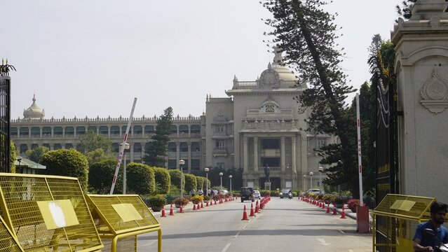 Rear entrance Vidhana Soudha with checkpost made by security or policemen
