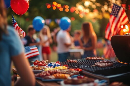 Festive 4th of July barbecue with friends, family, and American decorations