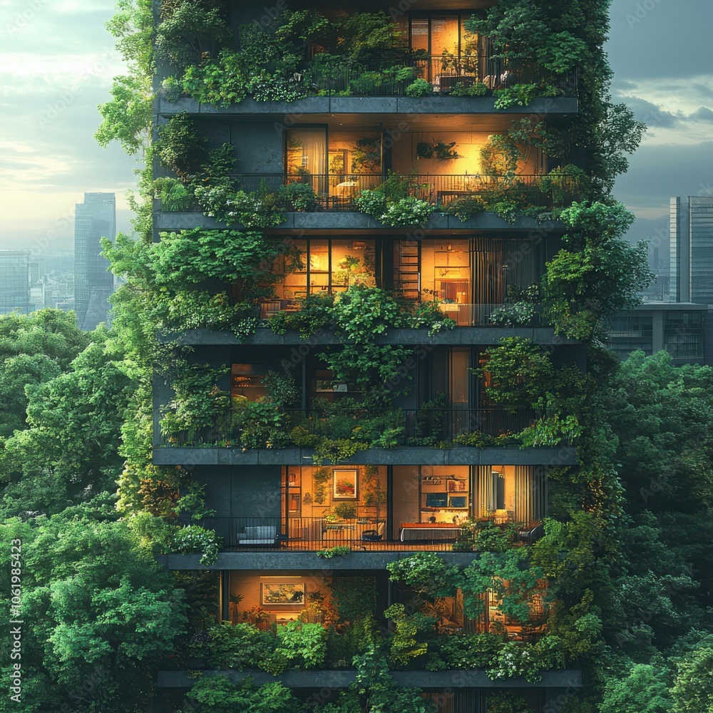 Poster innovative urban vertical forest architecture embracing sustainable building practices for greener c