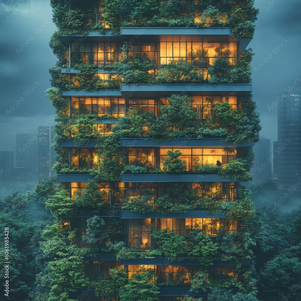 Poster exploring urban vertical forest architecture a sustainable future in urban building design for enhan