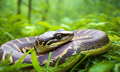 close up of python snake against green spring grass