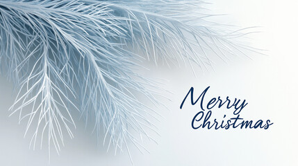 A simple, elegant Christmas card with a white background and soft, icy blue accents. At the top center, "Merry Christmas" is written in a sleek, modern dark blue font. The card has