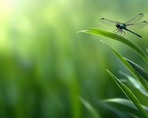 Fototapeta premium Dragonfly perched on blade of grass, intense detail on wings and eyes, soft green background, serene natural scene
