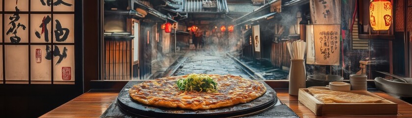 Fototapeta premium Savoring okonomiyaki by osaka castle a delicious pancake experience amidst japanese culture and heritage